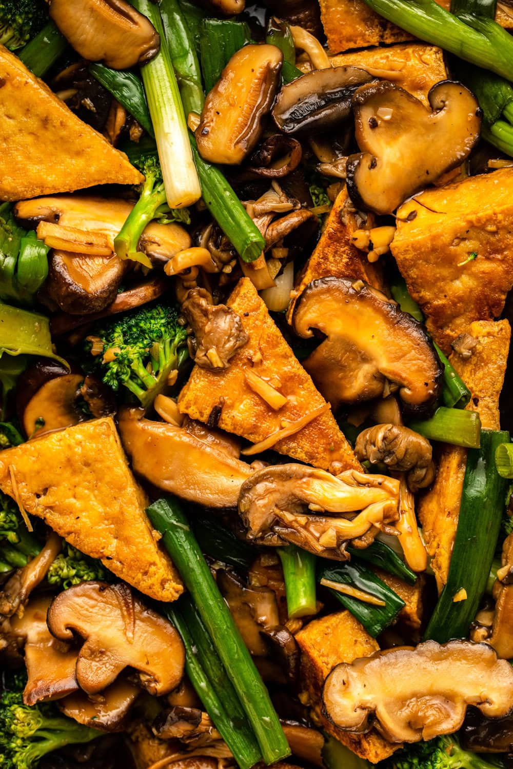 a zoomed in photo of tofu mushroom stir fry showing its texture