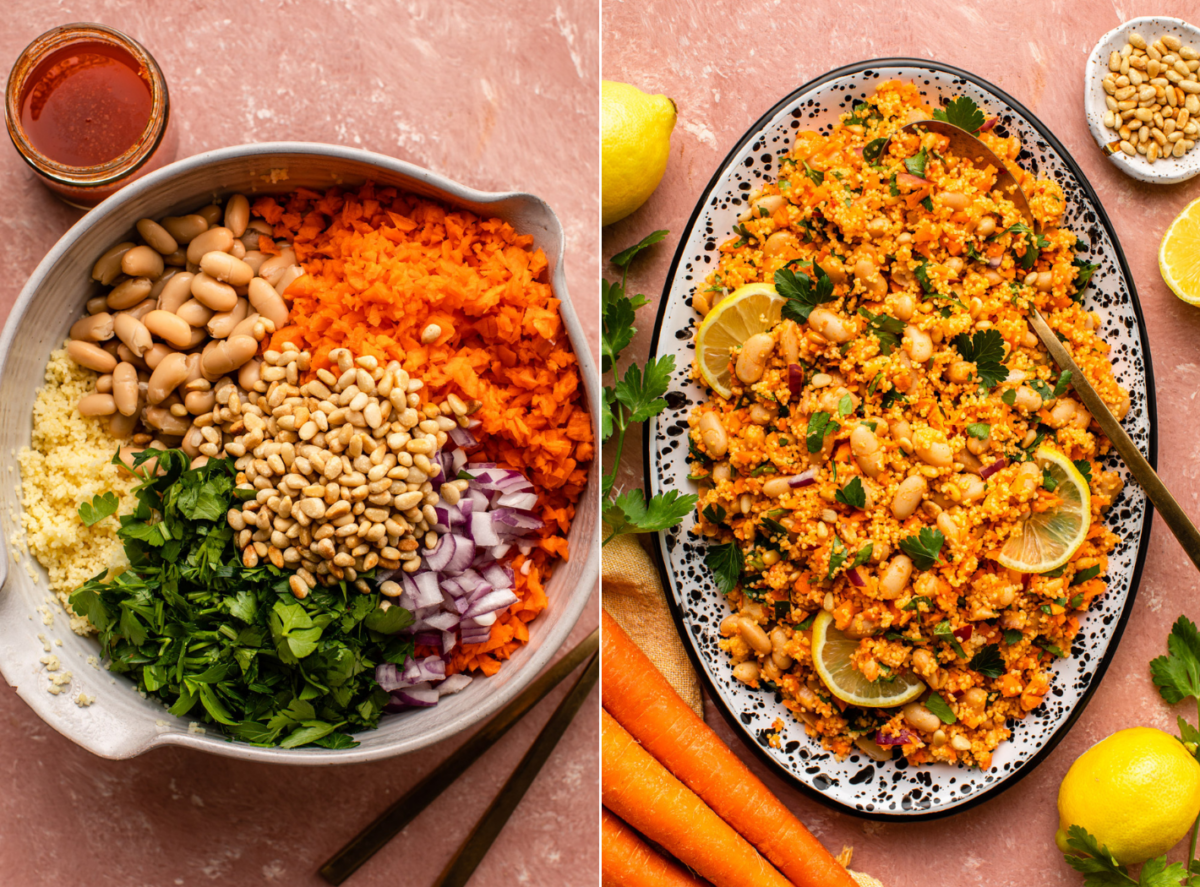 side-by-side images with the image in the left showing the ingredients placed on a wide bowl and the image on the right showing the salad served on an oval plate