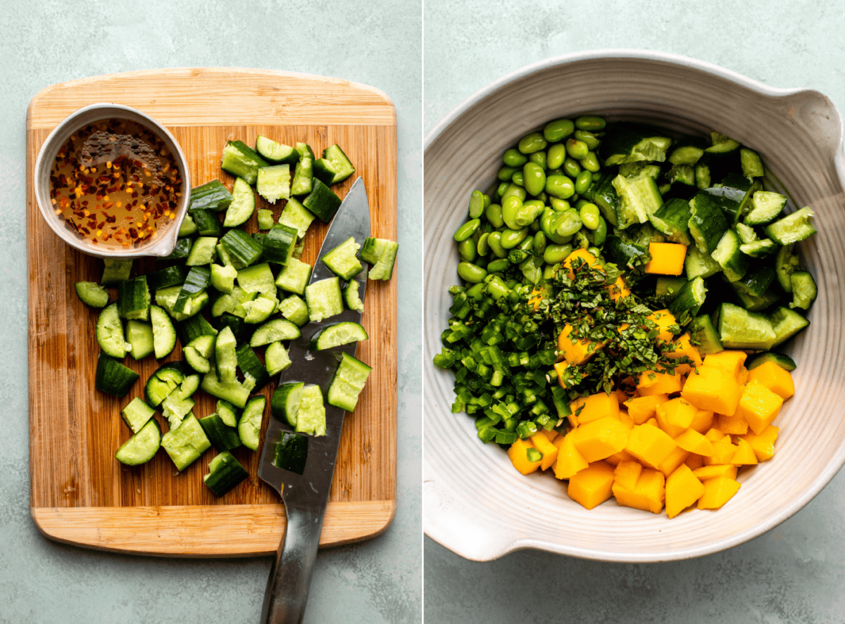 side-by-side images of the salad with the image on the left showing shopped cucumbers and the dressing on a cutting board and the image on the right showing all ingredients chopped in a huge bowl