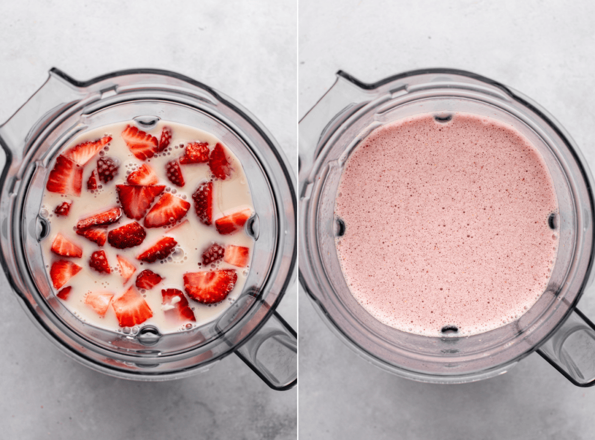 side-by-side images showing the below-described preparation process of vegan strawberry milk
