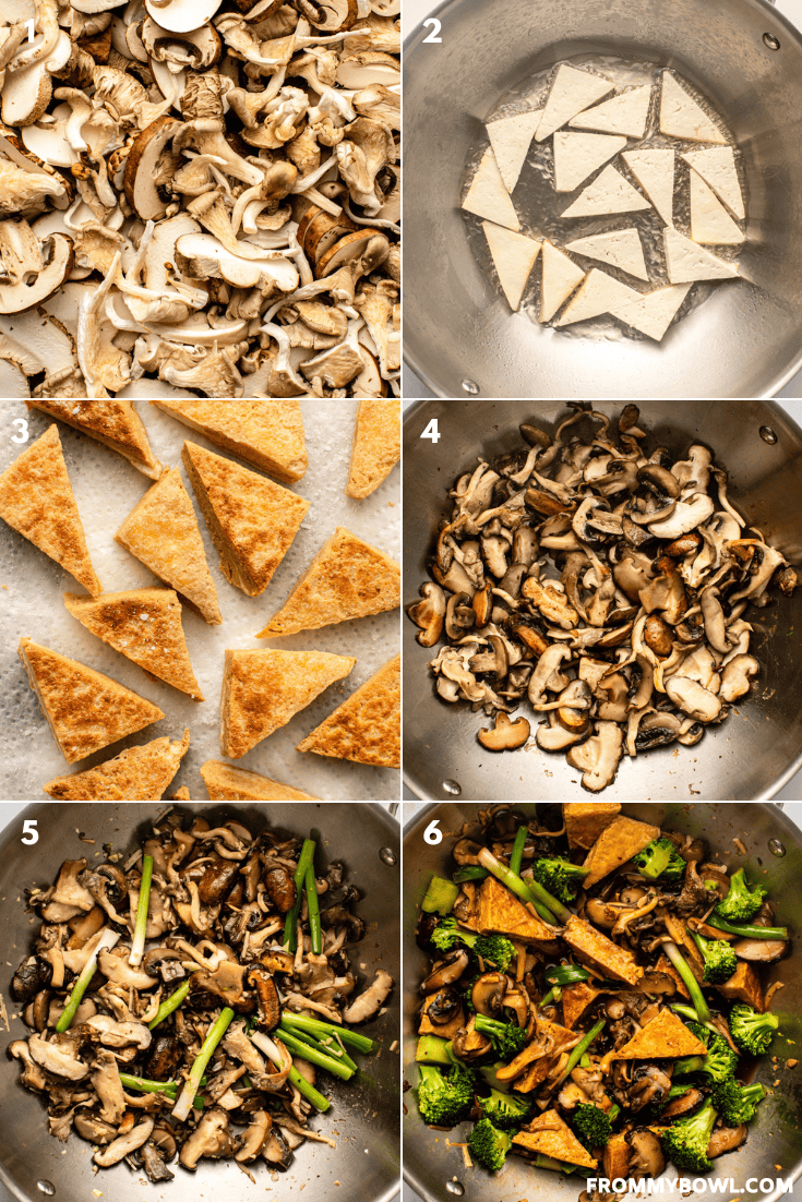 a grid of 6 images showing the below-described cooking process of tofu mushroom stir fry