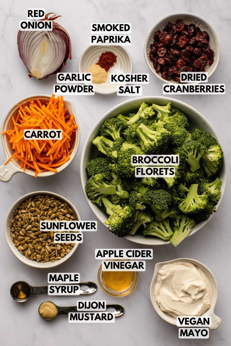 ingredients for crunchy broccoli salad laid out on marble kitchen countertop
