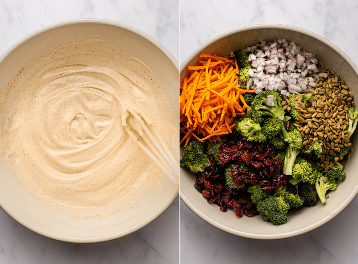 side-by-side images of the salad dressing and chopped ingredients