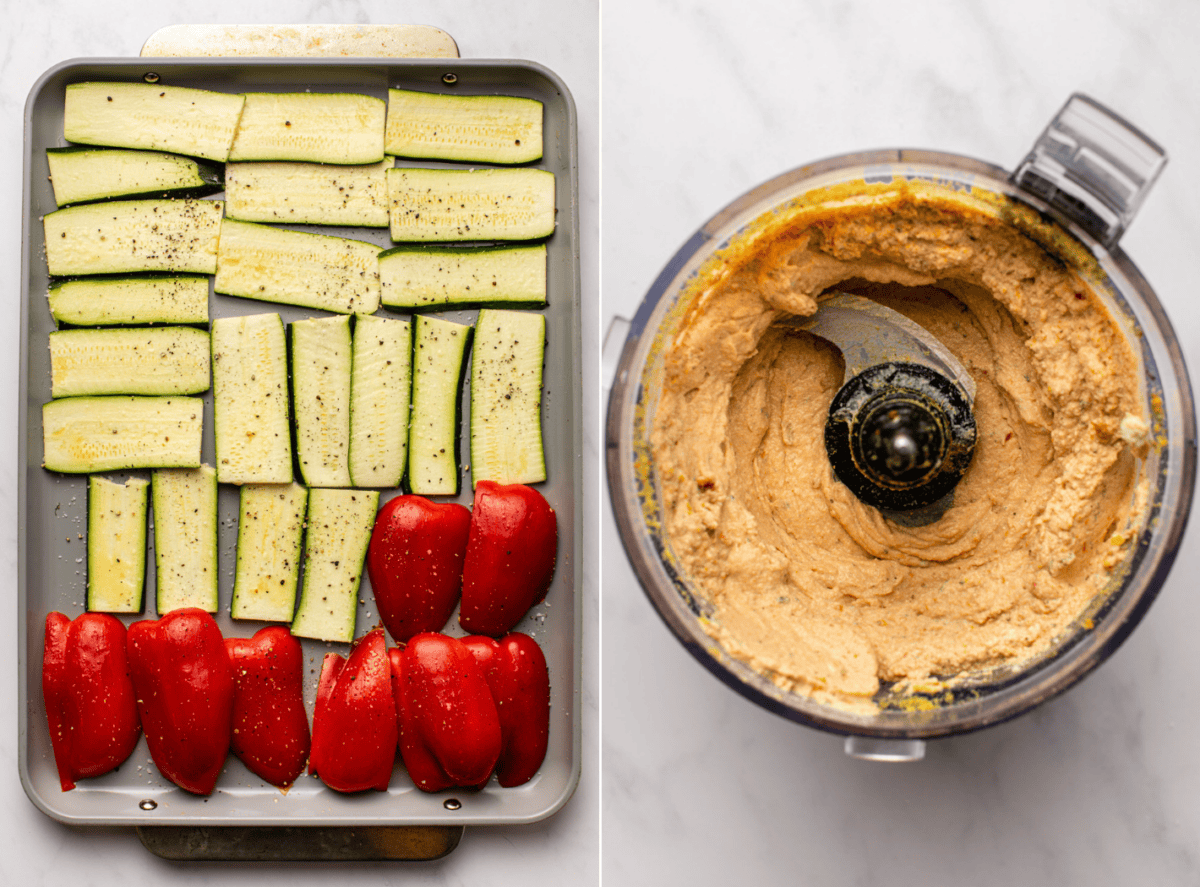 side-by-side images of veggies roasting in the oven and the tofu sauce
