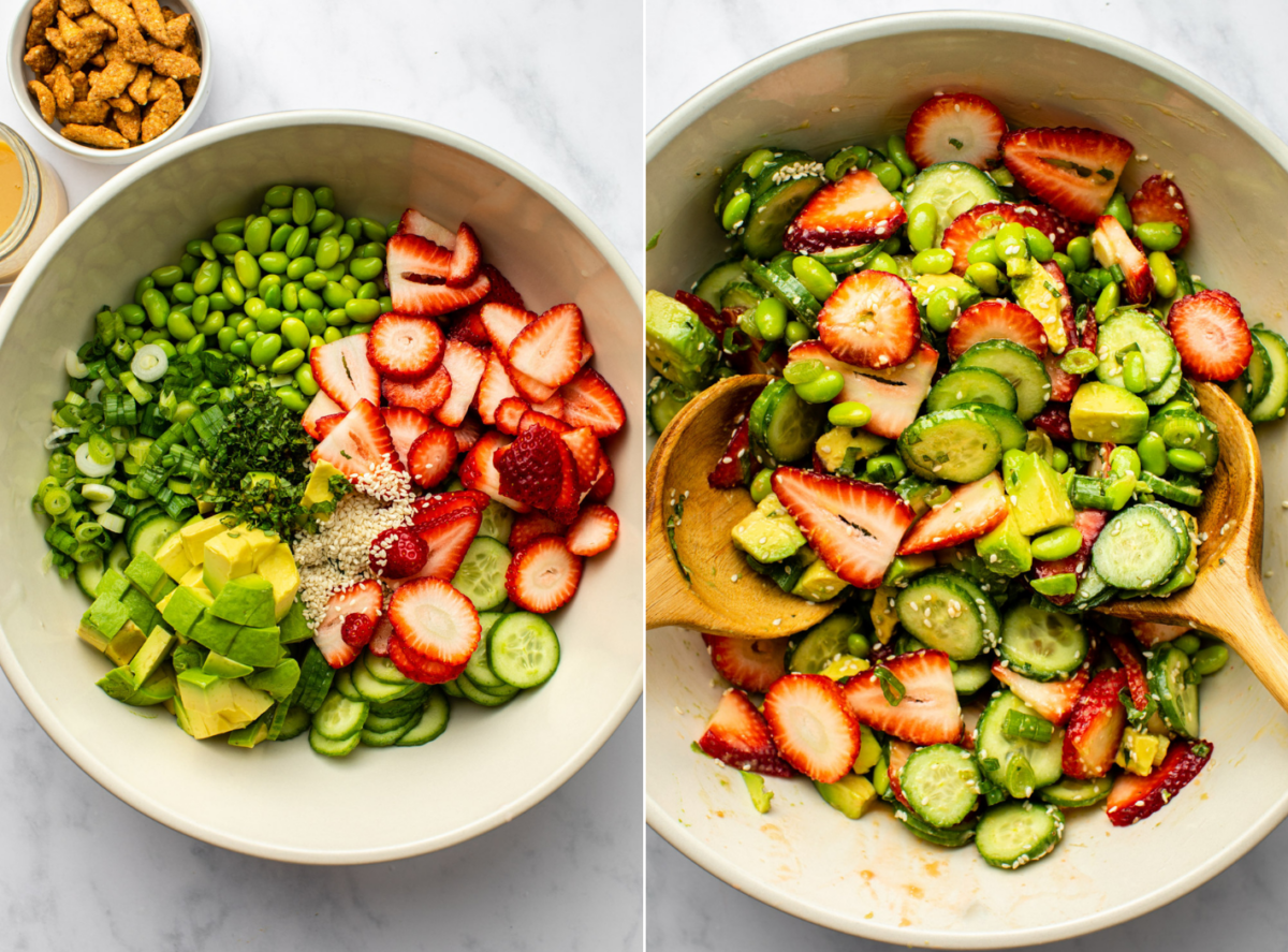 side-by-side images of the ingredients of strawberry avocado crunch salad being mixed in a wide whtite bowl placed on a marble kitchen countertop, with sesame sticks and miso dressing served on small bowls on the side