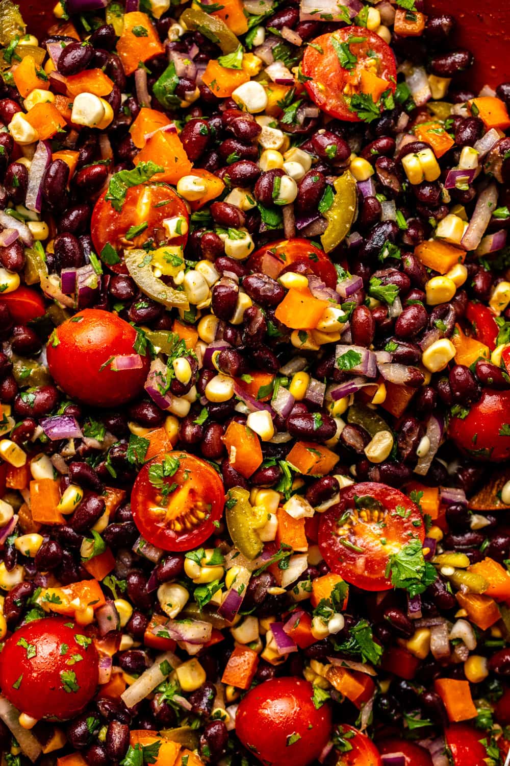 a zoomed in photo of tex mex black bean salad to show its texture