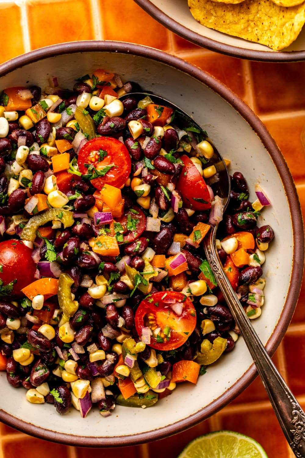 tex mex black bean salad served in an oval bowl with a spoon dug in scooping up a portion