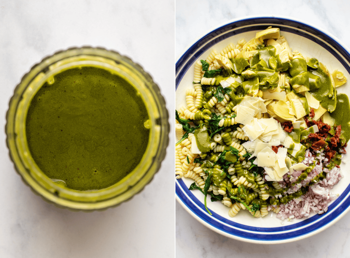 side-by-side images of the cooking process of pasta salad with the image on the left showing the dressing and the image on the right showing the salad and the ingredients in a bowl