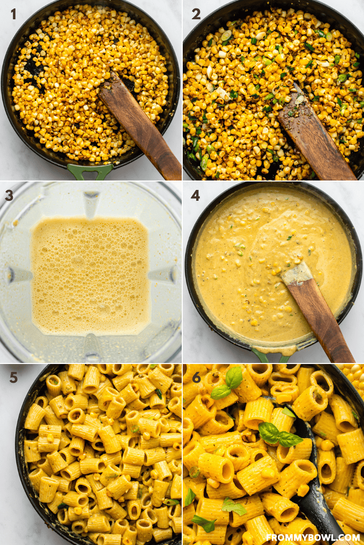 a grid of six images showing the below-described cooking process of charred corn and basil pasta