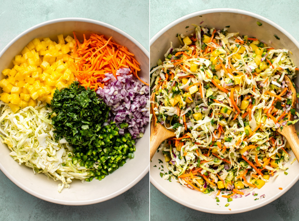 side-by-side images of pineapple coleslaw being prepared in a large white bowl on a light green countertop