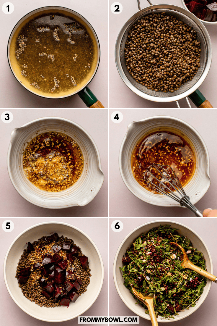 a six-image grid showing a step-by-step process of making the salad, with explanatory captions below the image
