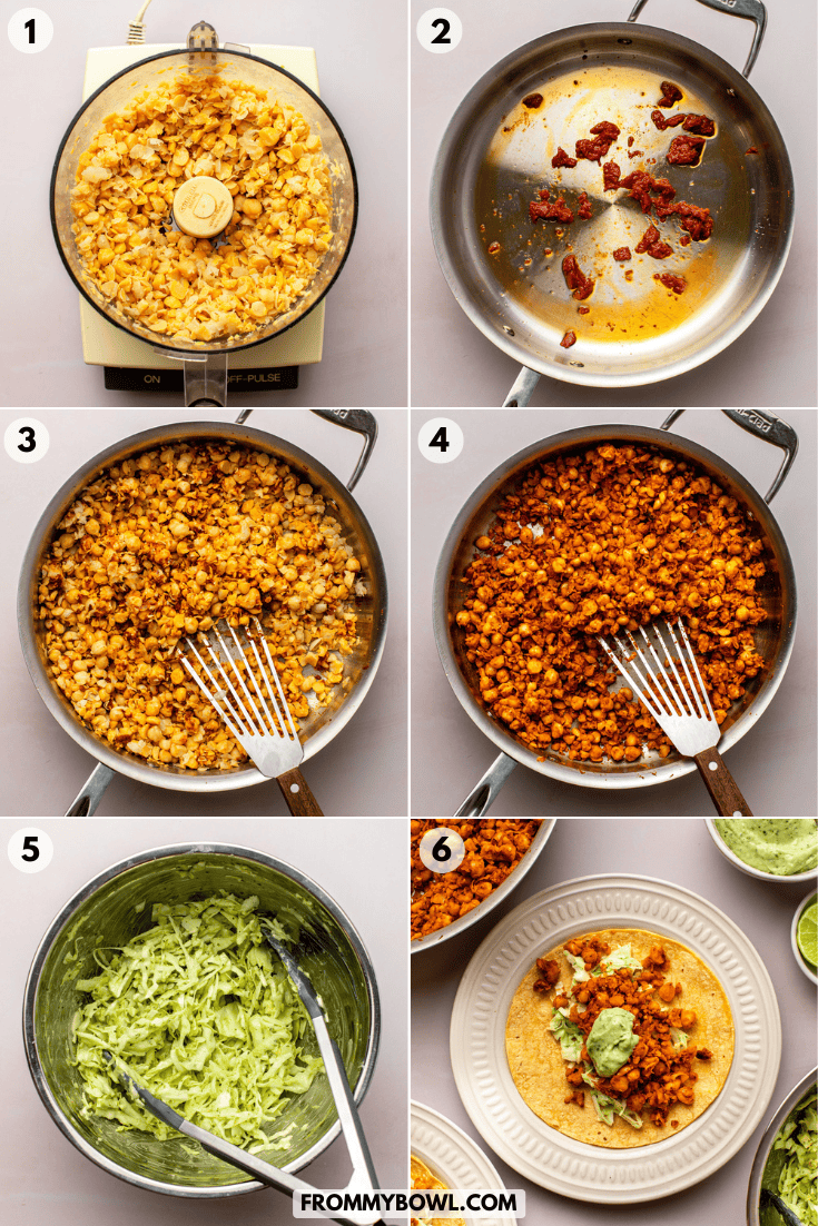 a six-photo collage showing the step-by-step process of making the chickpea tacos