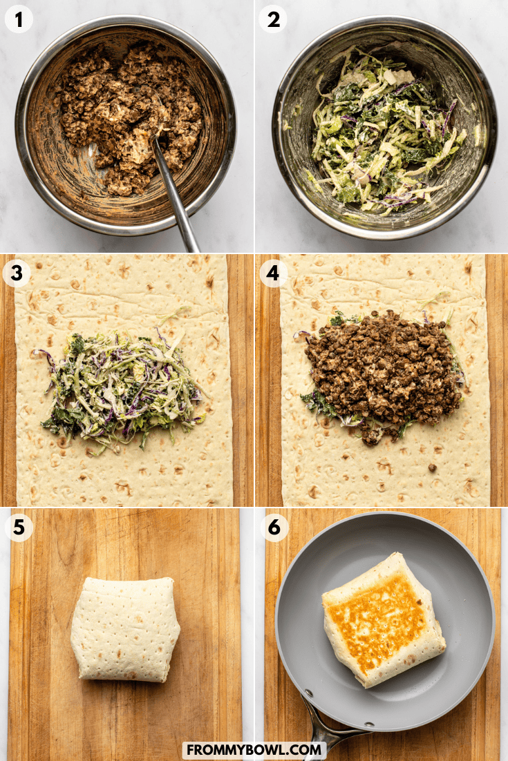 a six-photo grid showing the step-by-step process of making a crispy lentil buffalo wrap, from preparing the ingredients to assembling and cooking the wrap.