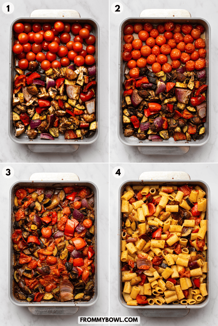 a four-image grid showing step-by-step stages of preparing and roasting the vegetable pasta on a tray, illustrating the cooking process from start to finish.