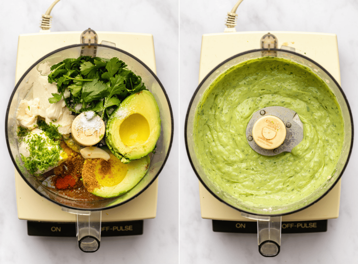 a side-by-side image shows two stages of the avocado crema in a blender: one with the ingredients unblended and the other fully blended, illustrating the step-by-step process.