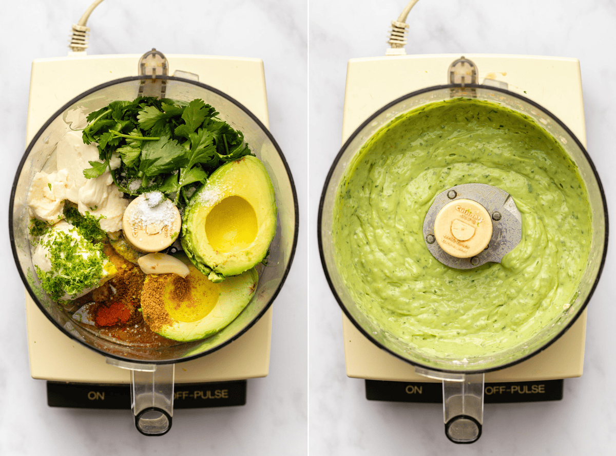 a side-by-side image shows two stages of the avocado crema in a blender: one with the ingredients unblended and the other fully blended, illustrating the step-by-step process.