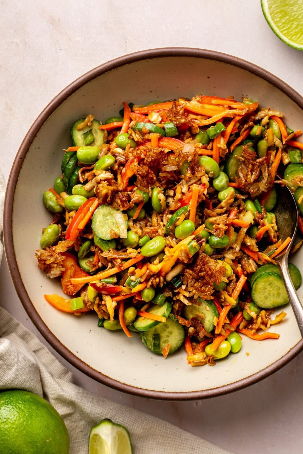 a bowl of crispy rice salad with edamame, cucumber, carrots, and bell peppers, tossed in a savory ginger dressing.