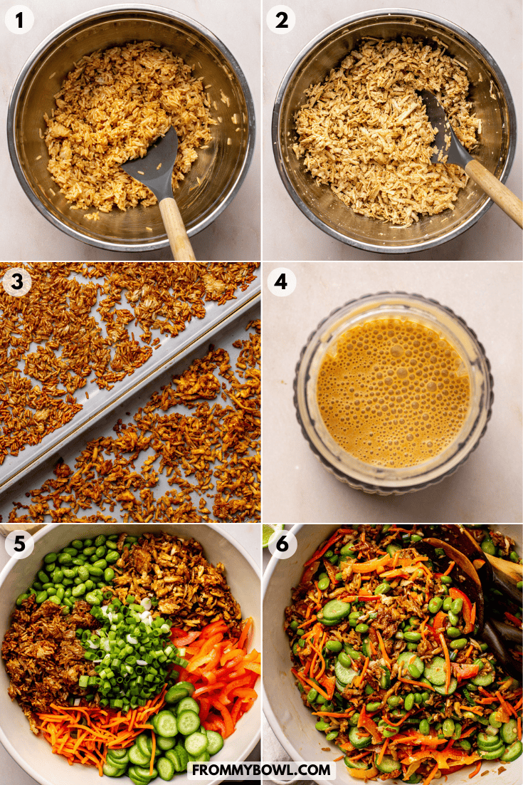 step-by-step photos showing how to season and crisp the rice, prepare the dressing, and combine all the ingredients into the salad