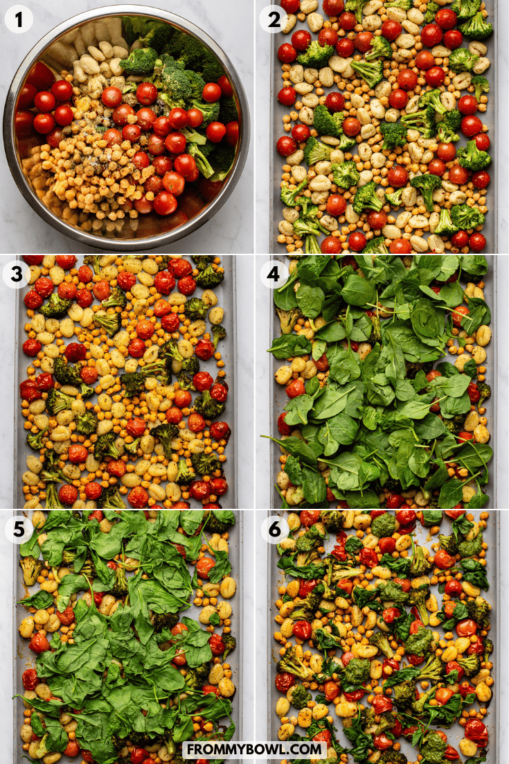 a six-image step-by-step visual guide showing the preparation of sheet pan gnocchi, starting with ingredients mixed in a large bowl, followed by arranging them on a baking tray, and ending with roasting and baking in the oven.