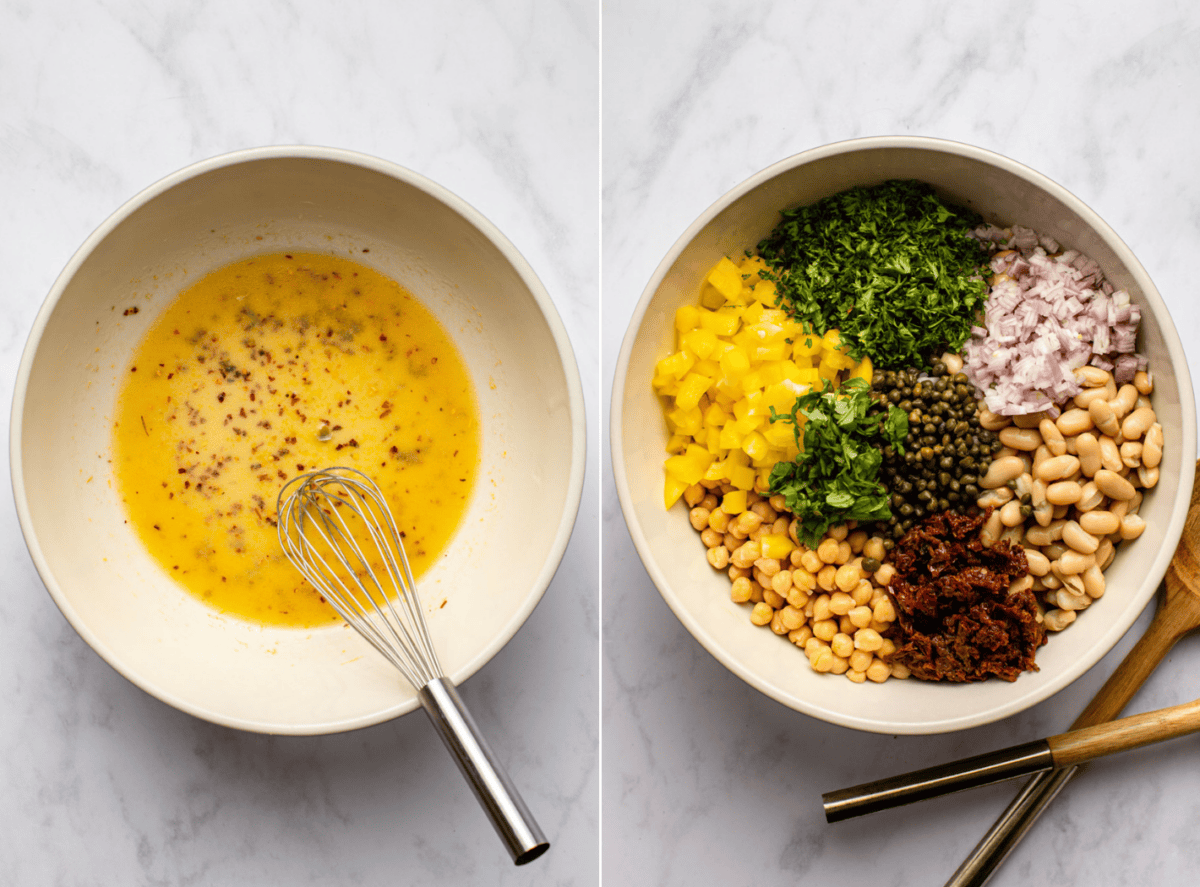 the dressing being whisked in a bowl alongside the prepared salad ingredients before mixing.