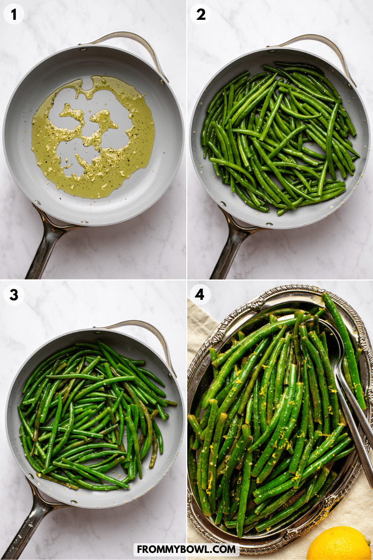 step-by-step collage showing garlic and olive oil heating in a skillet, green beans being sautéed, and the finished lemon green beans served on a platter.