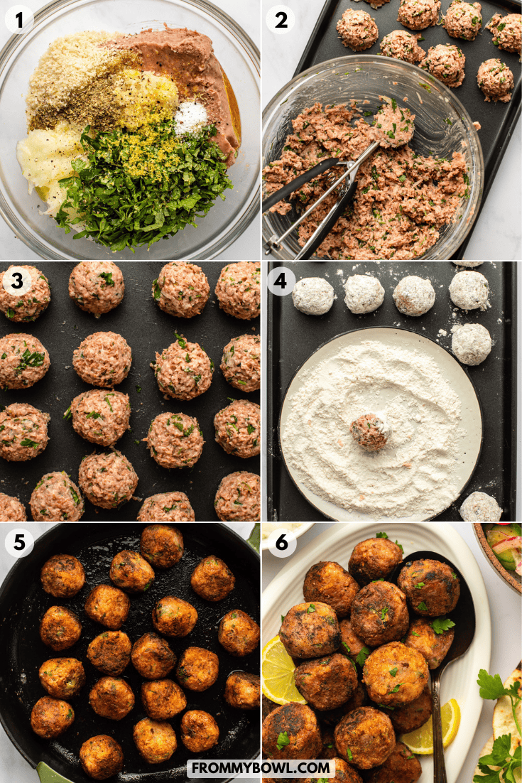 a six-photo collage showing the step-by-step preparation of vegan greek meatballs. each image corresponds to the instructions below.