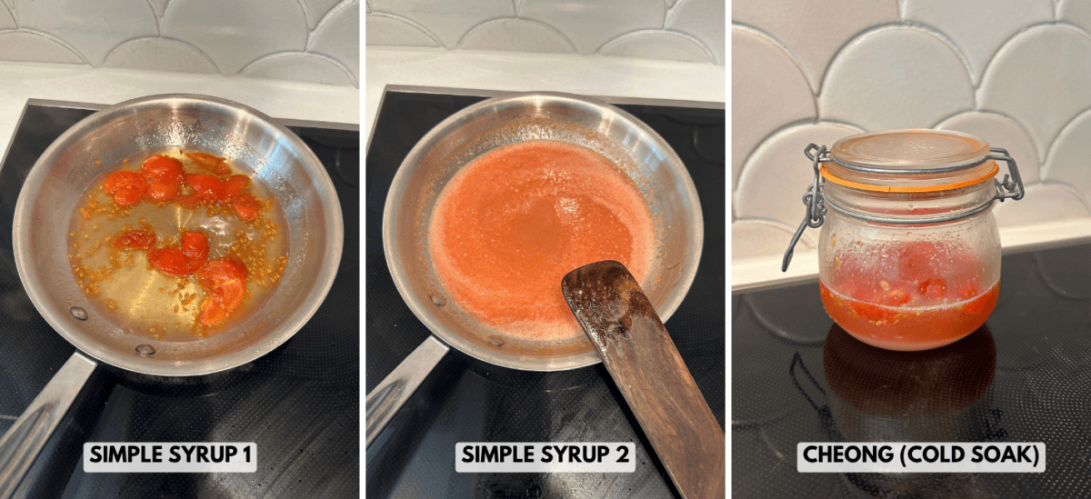 Three side-by-side photos showing the process of testing different tomato simple syrups
