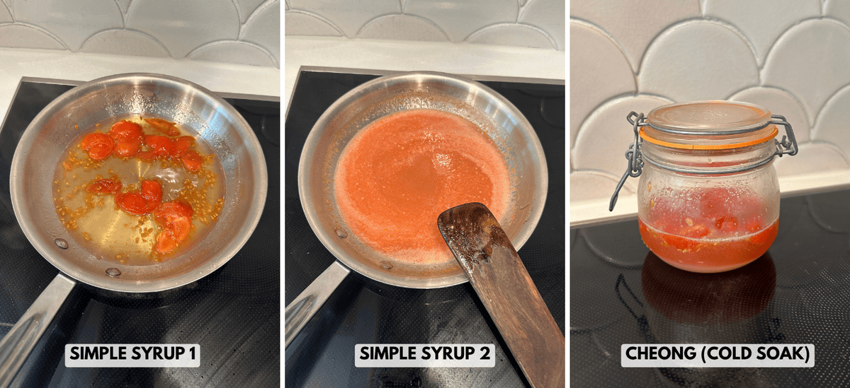 Three side-by-side photos showing the process of testing different tomato simple syrups