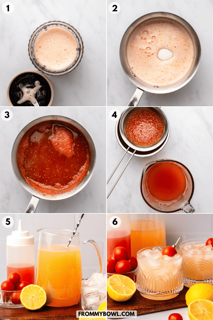 step-by-step photos of the process of making tomato simple syrup and tomato lemonade