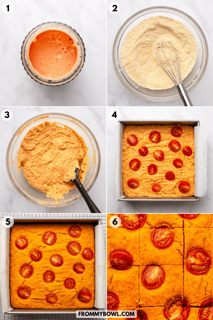 step-by-step process for making tomato cornbread, from blending the wet ingredients and mixing the batter to topping with cherry tomatoes and baking.