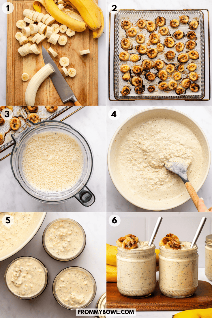 step-by-step preparation of caramelized banana overnight oats, from slicing bananas to serving.